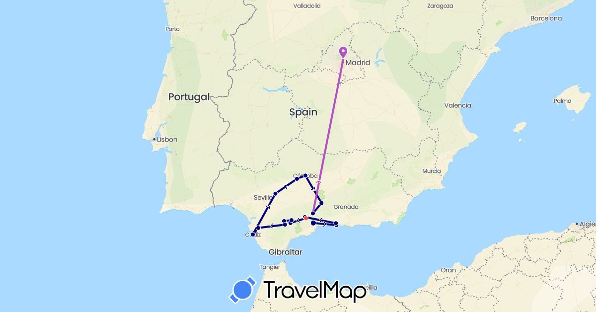 TravelMap itinerary: driving, train, hiking in Spain (Europe)